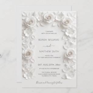 White Faux Relief Roses Frame Wedding Minimalist Invitation