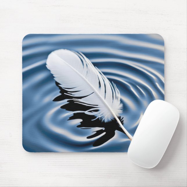 White Feather Floating On Blue Water Mouse Pad (With Mouse)