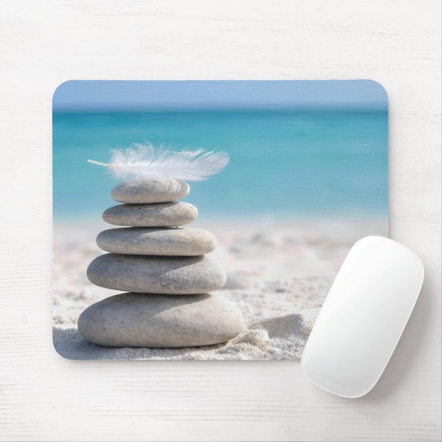 White Feather on a Beach Cairn Mouse Pad (With Mouse)