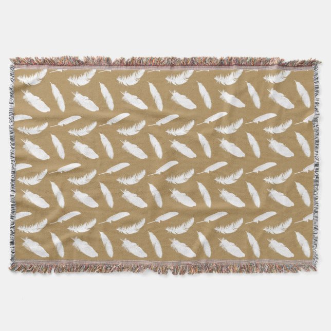 White feather print on camel tan throw blanket (Front)