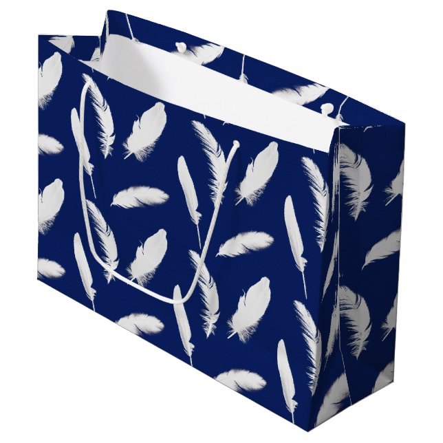 White feather print on dark blue large gift bag (Front Angled)