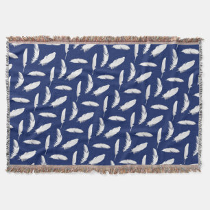 White Feather Print on Dark Navy Blue Throw Blanket