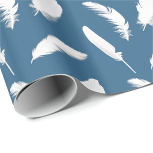 White feather print on denim blue wrapping paper