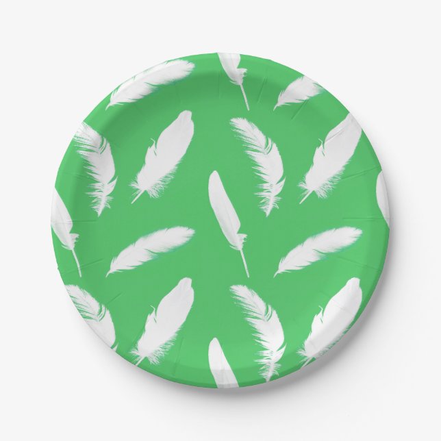 White feather print on jade green paper plate (Front)