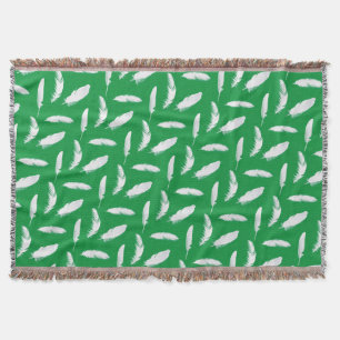 White Feather Print on Jade Green Throw Blanket