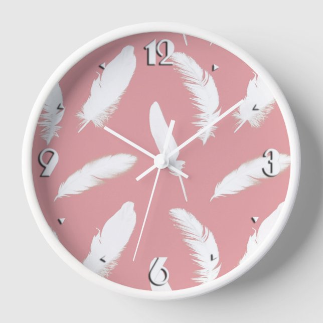 White feather print on shell pink clock (Front)