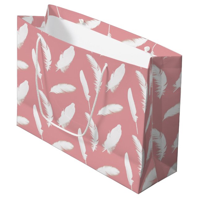 White feather print on shell pink large gift bag (Front Angled)