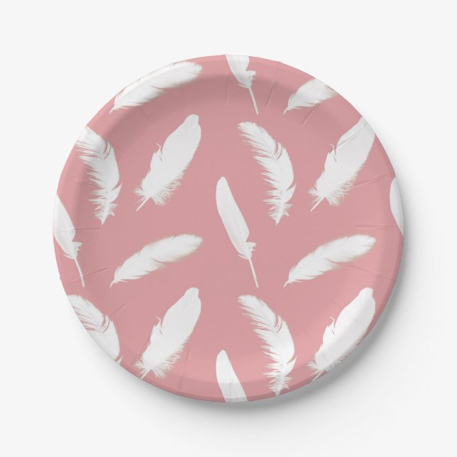 White feather print on shell pink paper plate (Front)