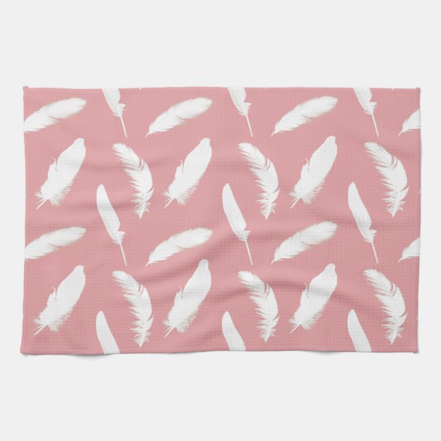 White feather print on shell pink tea towel (Horizontal)