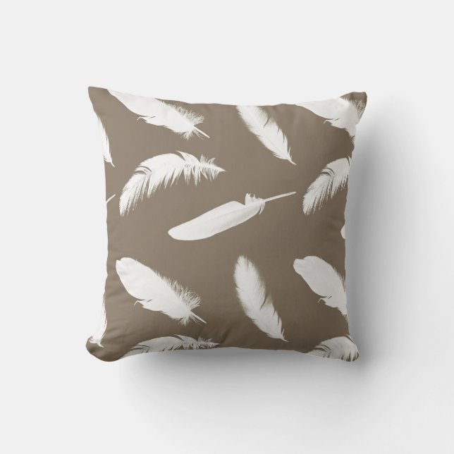 White feather print on taupe cushion (Front)