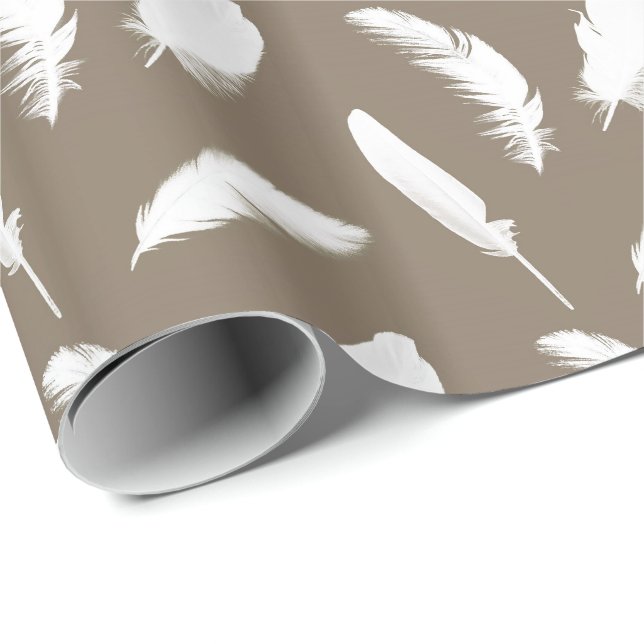 White feather print on taupe wrapping paper (Roll Corner)
