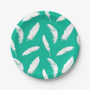 White feather print on turquoise / peacock paper plate