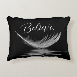 White Feather Reflection on Black Decorative Cushion