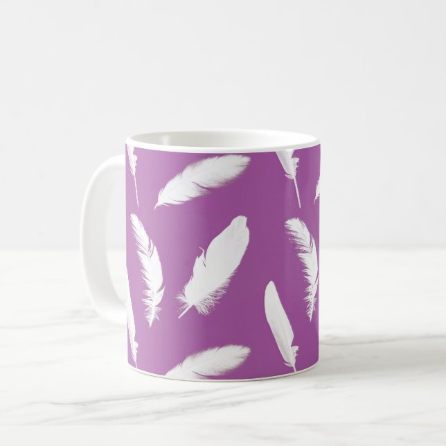 White Feathers on Amethyst Purple Coffee Mug (Front Left)