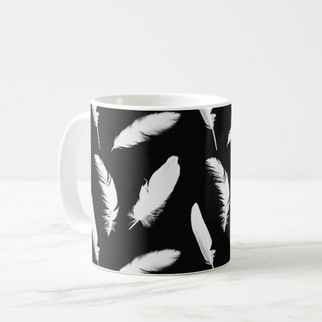 White Feathers on Black Coffee Mug (Front Left)