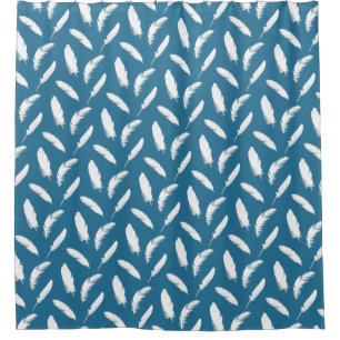 White Feathers on Denim Blue Shower Curtain