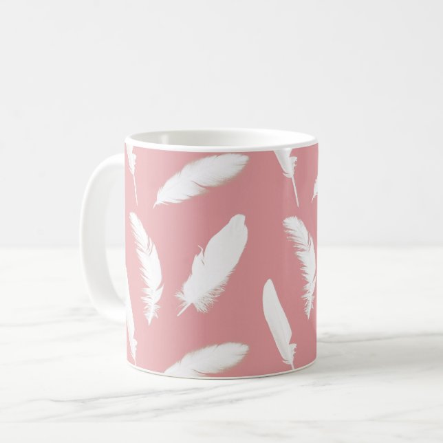 White Feathers on Shell Pink Coffee Mug (Front Left)