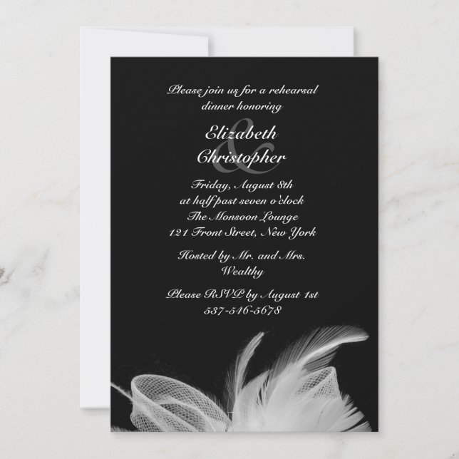 White Feathers Rehearsal Dinner Invitation (Front)