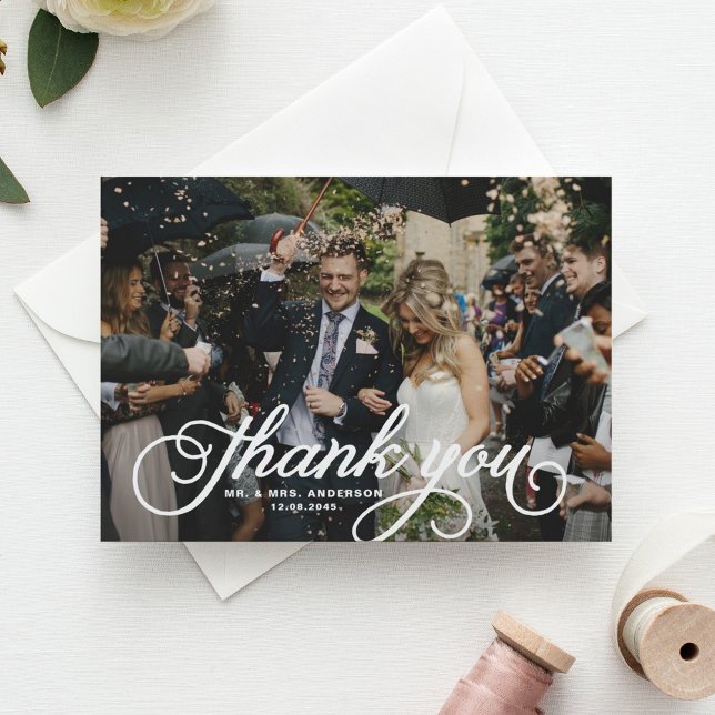 White Feminine Rustic Script Photo Wedding Thank You Card (Creator Uploaded)