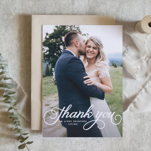 White Feminine Script Photo Wedding Thank You Card