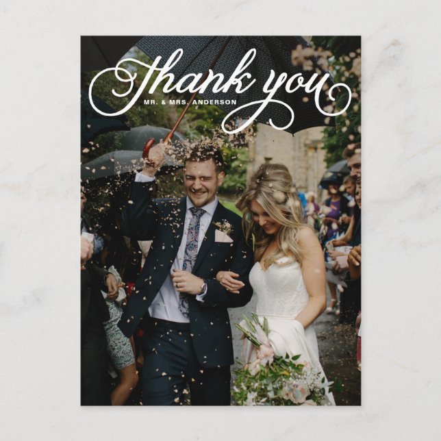 White Feminine Script Photo Wedding Thank You Postcard (Front)