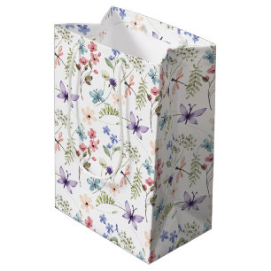 White Feminine Watercolor Wildflowers Pattern Medium Gift Bag