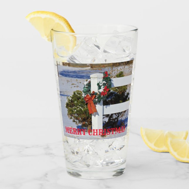 White Fence with Snow and a Red Bow Glass Cup (Front Ice)