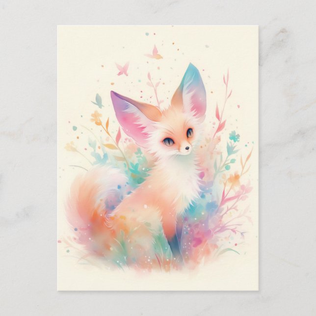 White Fennec Fox with Pastel Rainbow Ear Postcard (Front)