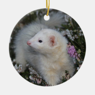 White Ferret in Flowers Ceramic Ornament