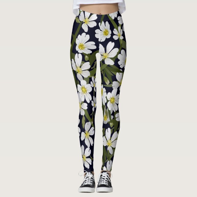 White field flowers: vintage pattern. leggings (Front)
