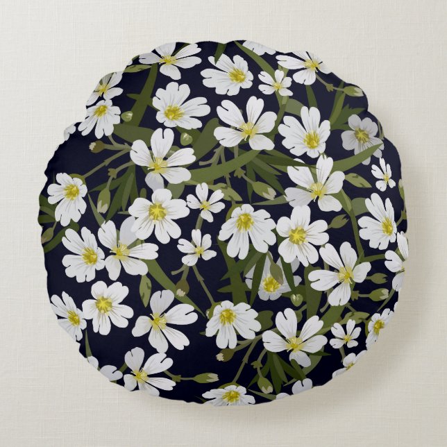 White field flowers: vintage pattern. round cushion (Front)