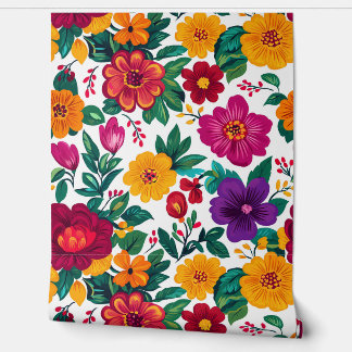 White Fiesta Floral Extravaganza Wallpaper