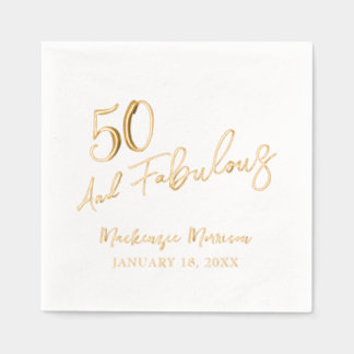 White Fifty and Fabulous Script Birthday Party Foil Napkins