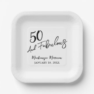 White Fifty and Fabulous Script Birthday Party Paper Plate