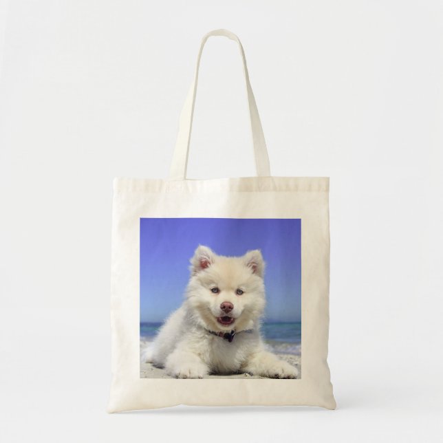 White Finnish Lapphund Puppy Cute Tote Bag (Front)