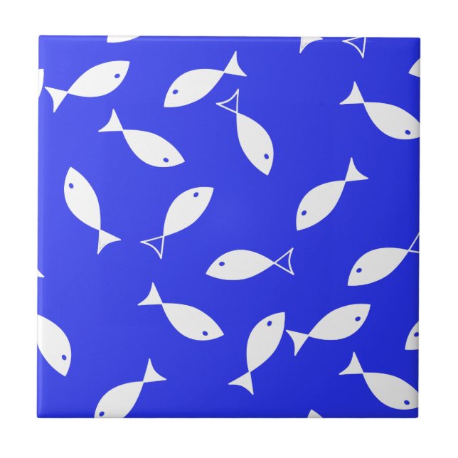 White Fish Blue Background Captain Sea Theme Ceramic Tile (Front)