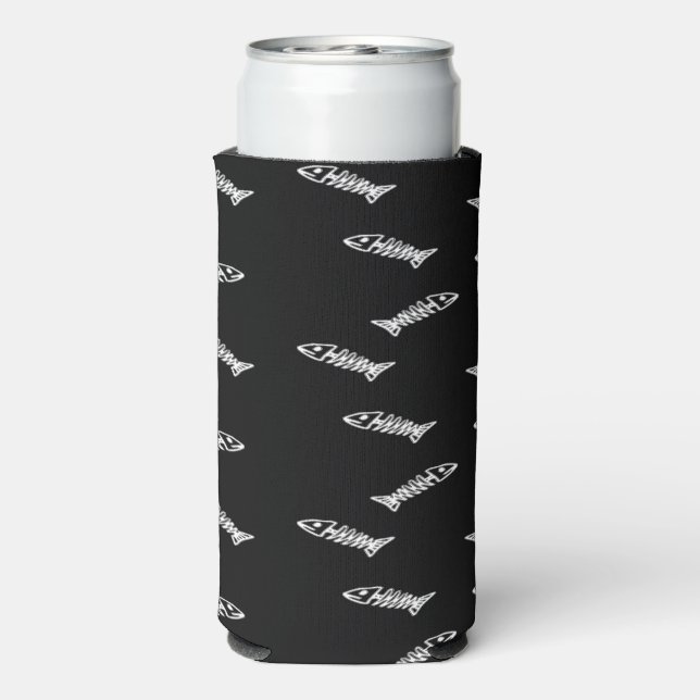 White fish skeleton bones pattern black seltzer can cooler (Seltzer Back)