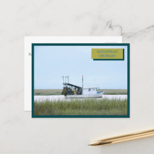 White Fishing Boat  Ocean Savannah Georgia Postcard