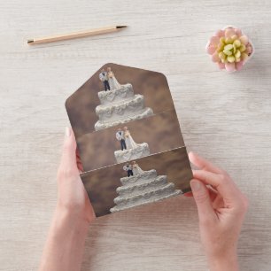 White Five Tier Wedding Cake With Bridal Couple, All In One Invitation