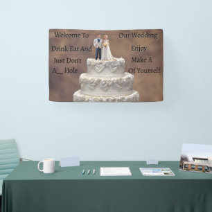 White Five Tier Wedding Cake With Bridal Couple, Banner