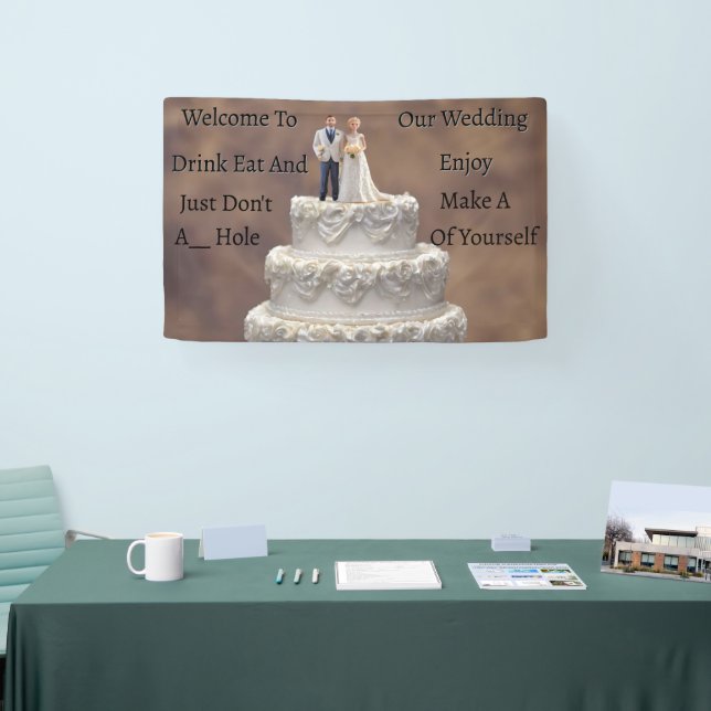 White Five Tier Wedding Cake With Bridal Couple, Banner (Tradeshow)