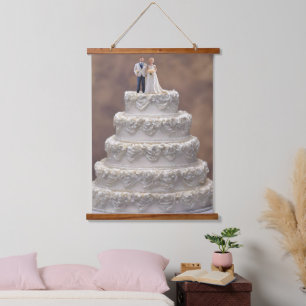 White Five Tier Wedding Cake With Bridal Couple, Hanging Tapestry