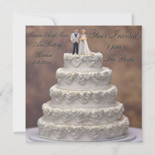 White Five Tier Wedding Cake With Bridal Couple, Invitation