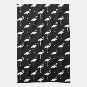White Flamingo Tropical Flamingos Black Background Tea Towel