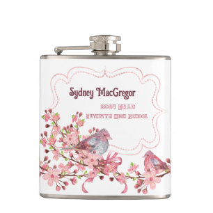 White Flask with Wrap Around Birds Apple Blossoms