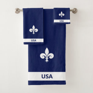 White Fleur de Lis on Navy Blue Bath Towel Set
