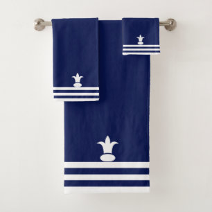 White Fleur-de-Lis & Stripes on Navy Blue Bath Tow Bath Towel Set