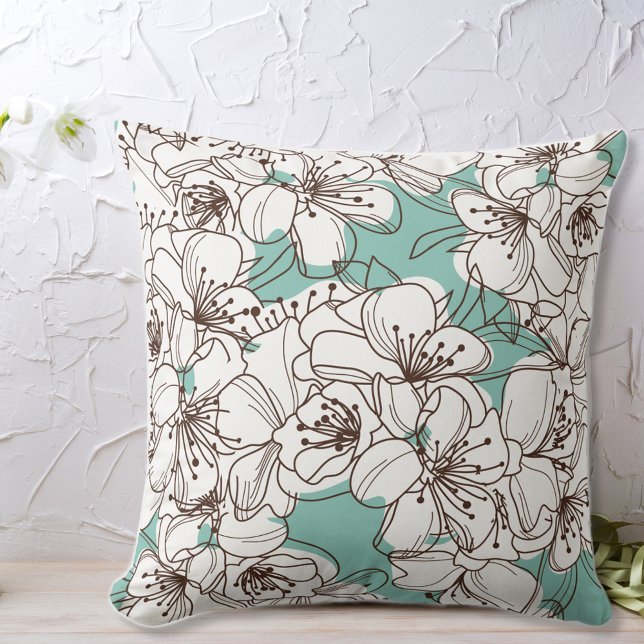 White Flora Bunch Aqua Teal Brown Cushion (Creator Uploaded)