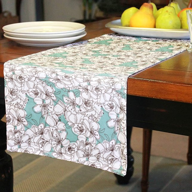 White Flora Bunch Aqua Teal Brown Short Table Runner (Creator Uploaded)