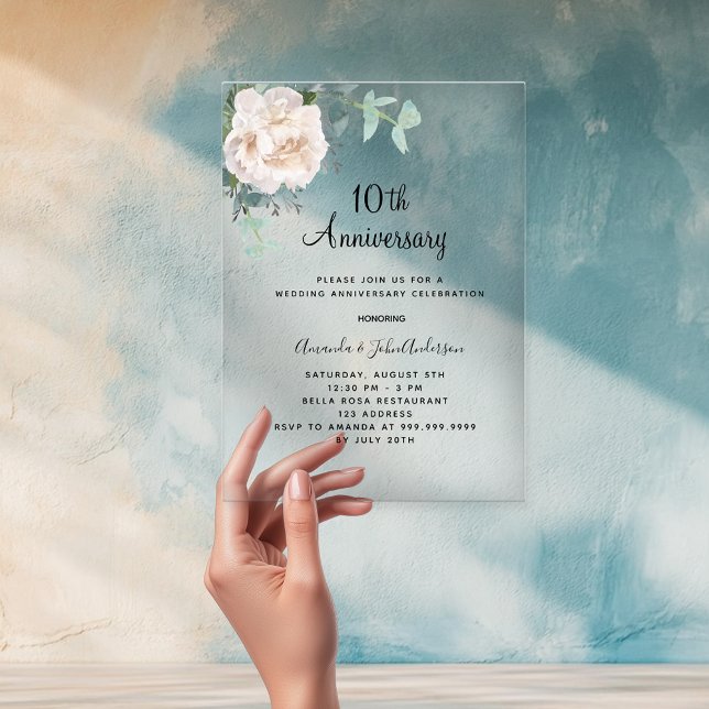 White floral 10th wedding anniversary frosted acrylic invitations (Creator Uploaded)